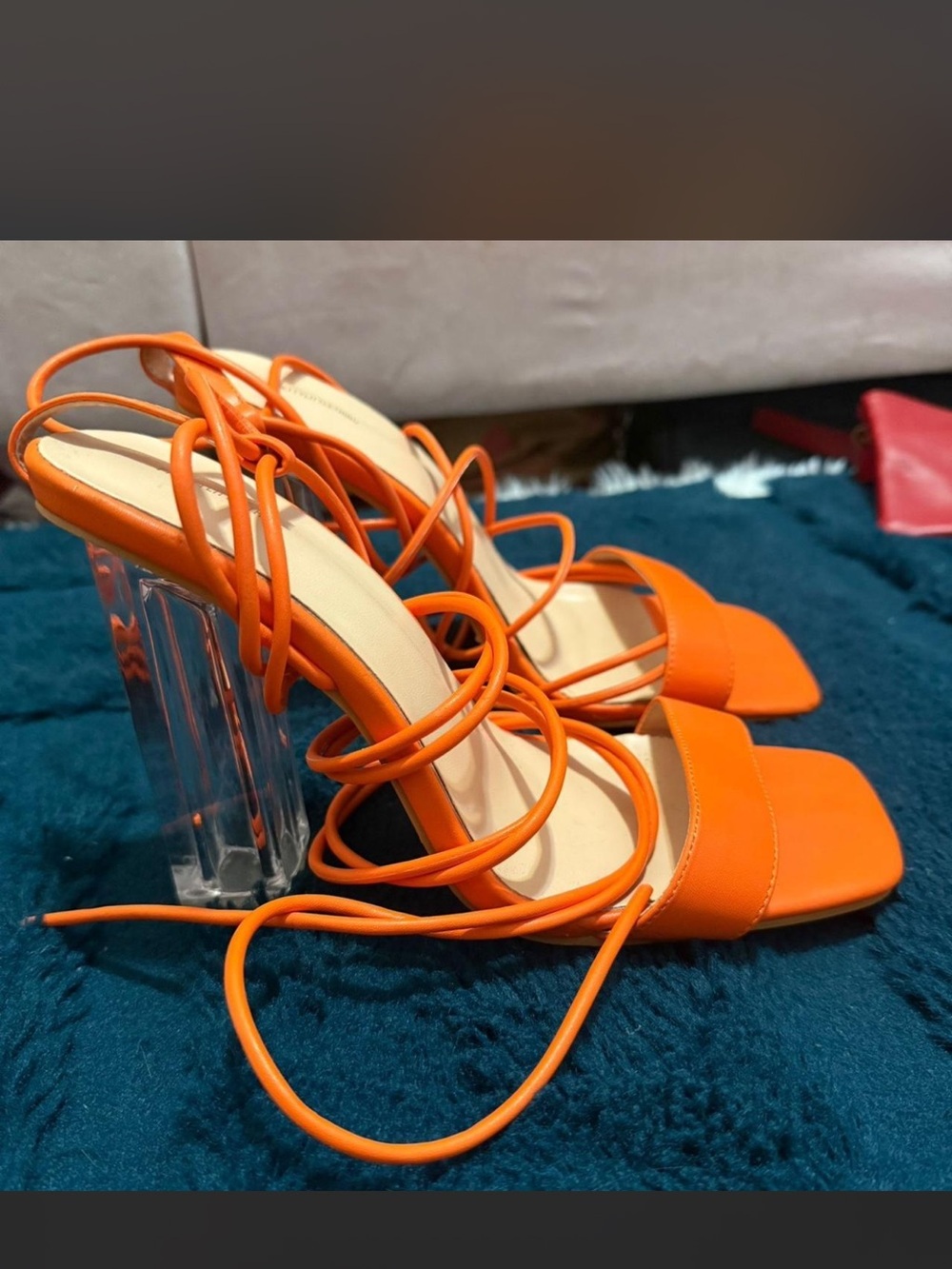 Orange Strappy Clear-Heel Women's Sandals